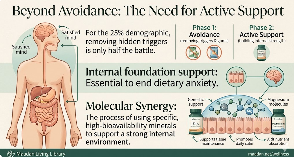 An educational infographic illustrating the Maadan active support protocol, showing how high-bioavailability zinc and magnesium provide foundational support for a balanced internal environment