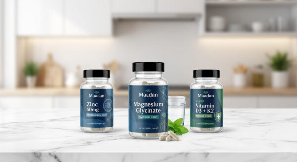 Maadan triple shield vitamins Zinc, Magnesium, D3+k3 images of bottles and clean marble table background