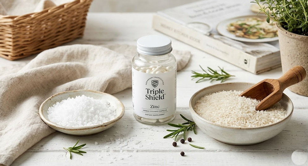 Maadan Triple Shield Zinc supplement bottle surrounded by pure sea salt, clean white rice, and fresh herbs, representing clean-label dietary purity