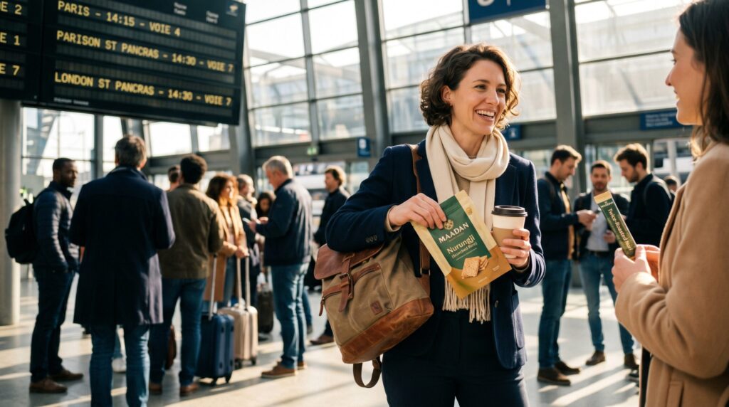 A woman in in an airport, taking trip with happy and healthy looking, having nurungi with coffee.