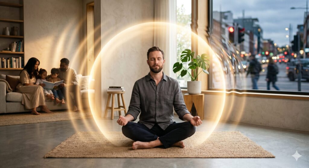 An illustration of an anchored man sitting securely in a calm posture, radiating a glowing sphere of light that deflates external chaos and ripples outward to bring peace to his surrounding family and community.