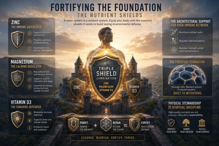 An infographic titled "Fortifying the Foundation: The Nutrient Shields." A central figure radiates glowing energy above a fortified stone castle, guarded by a central shield representing the Triple Shield Combination of Zinc, Magnesium, and Vitamin D3. Informational panels describe Zinc as the immune gatekeeper, Magnesium as the calming regulator, and Vitamin D3 as the sunshine defender. Additional text emphasizes that these nutrients provide architectural support for the immune network and highlights the core philosophy that physical stewardship is spiritual discipline.