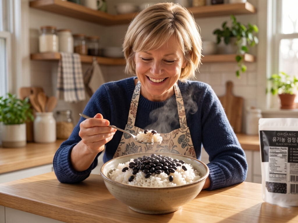 A happy lady ready to take a spoon of the organic black bean mixed rice in a kitchen
