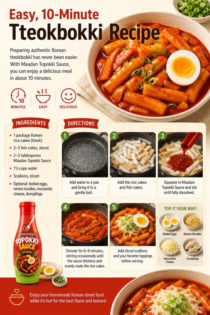 Maadan Topokki Sauce 11.99oz - Original Korean Rice Cake Flavor, a lady smiles with the sauce while cooking the toppoki - how to make topoki step by step