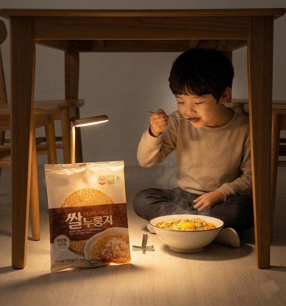 A boy eating the nurungji soup beneath the table