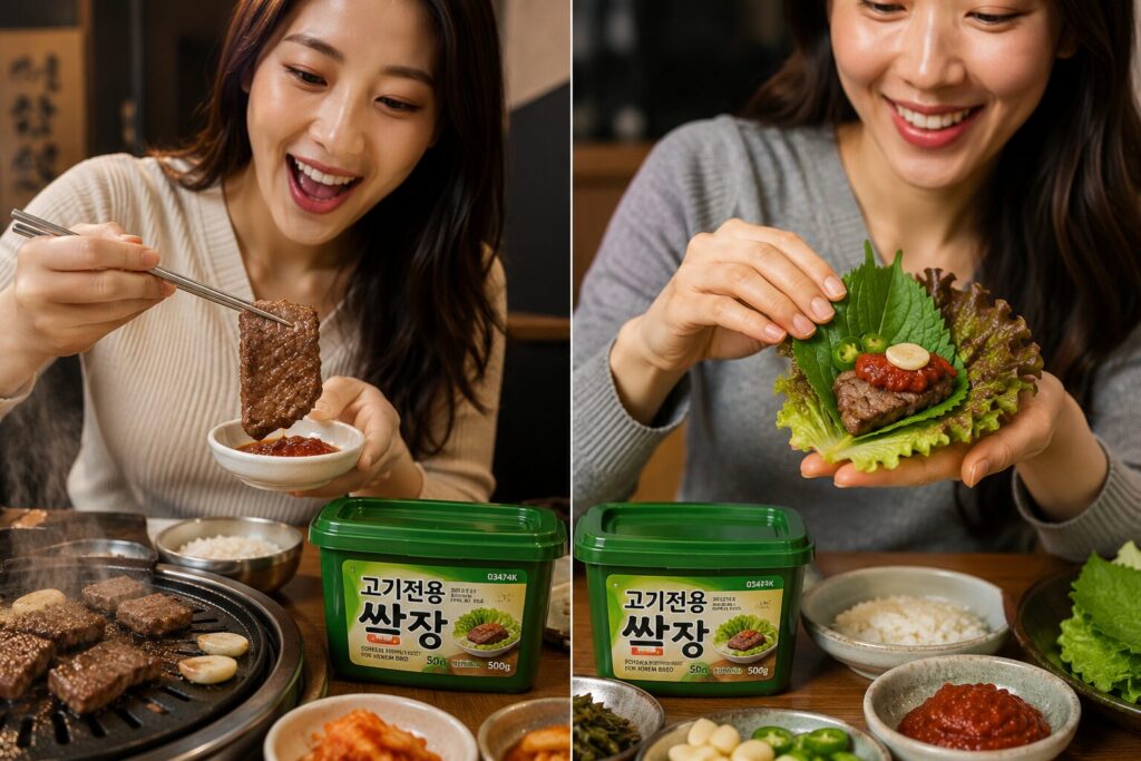 Maadan Soybean Paste for K BBQ (1.1 lbs), two ladies having vegetable wrapped kbbq with Soybean Paste 500g