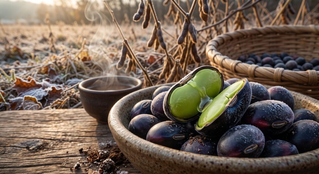 Harvesting Seoritae in the Late Autumn, demonstrating the frosts background with the bean
